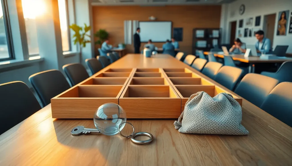 Mesa de escritório com objetos organizados em bandejas, representando a triagem cuidadosa de informações pessoais.