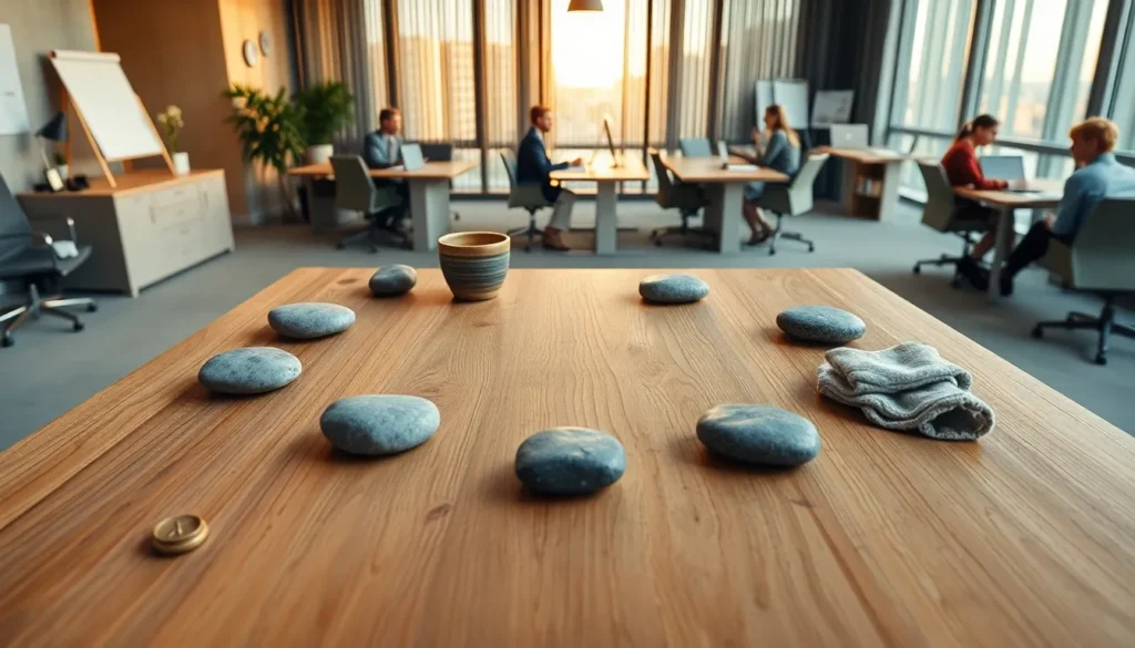 Mesa de uma pequena empresa com sete pedras organizadas em círculo, representando fundamentos que orientam decisões de proteção de dados.