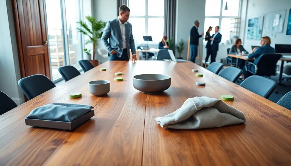 Pessoa organizando objetos em um círculo protetor sobre uma mesa de escritório