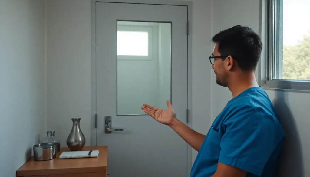 Funcionário aproximando a mão de um leitor biométrico na entrada de uma clínica