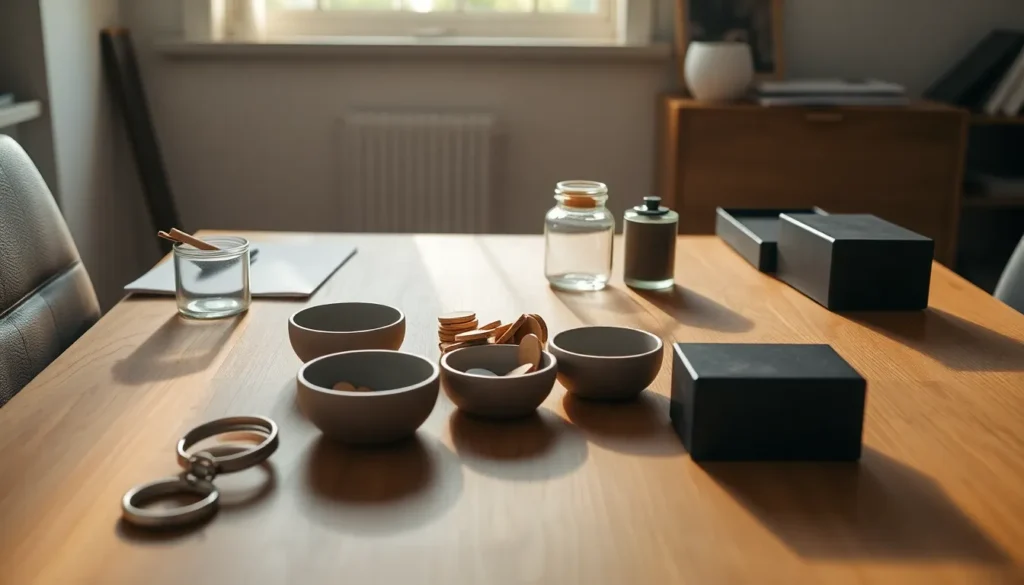 Mãos separando objetos em recipientes sobre uma mesa, simbolizando decisões cuidadosas sobre dados pessoais.