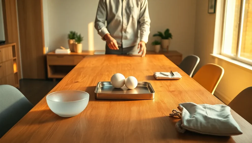 Pessoa organizando poucos objetos em uma mesa limpa, representando a seleção cuidadosa do que precisa permanecer.