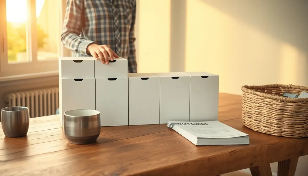 Pessoa organizando caixas em sequência sobre uma mesa de escritório