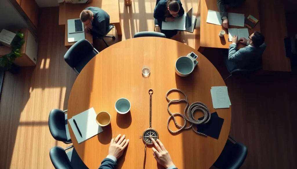 Mesa com objetos conectados por cordões, representando o caminho controlado dos dados entre sistemas e fornecedores.
