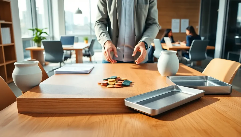 Pessoa organizando objetos coloridos em uma mesa de escritório, representando um fluxo cuidadoso de atendimento a solicitações de dados.