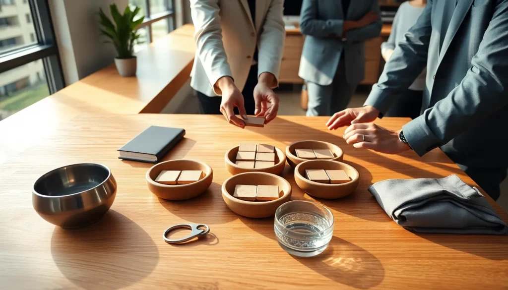 Mãos organizando objetos simples em recipientes separados sobre uma bancada, representando controle e organização no atendimento de solicitações.