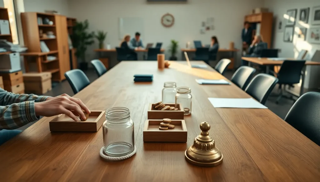 Mãos organizando peças de madeira em grupos sobre uma mesa, representando seleção cuidadosa de destinatários.