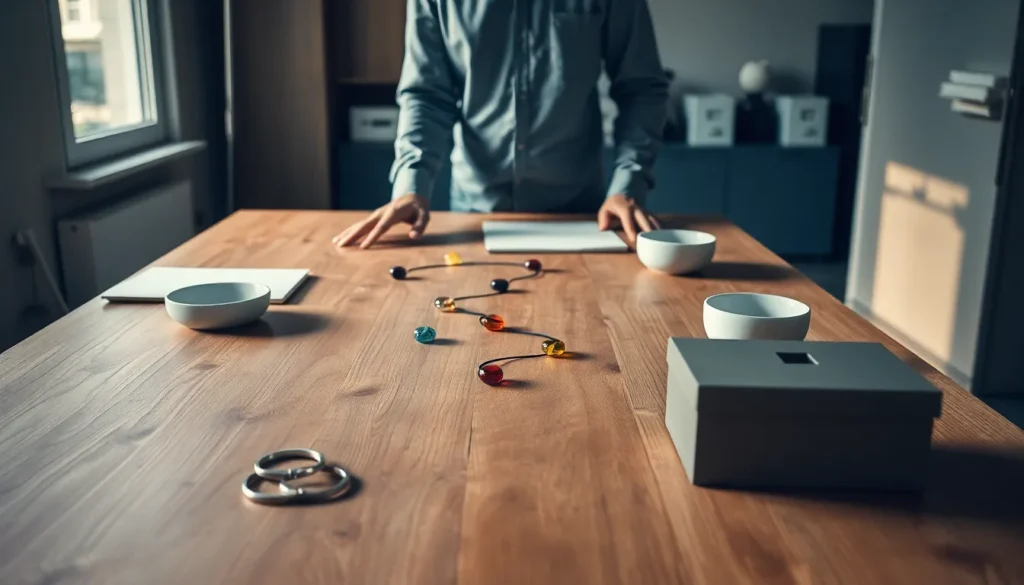 Gestora organiza peças coloridas em um fluxo sobre mesa de madeira, representando o acompanhamento de dados.
