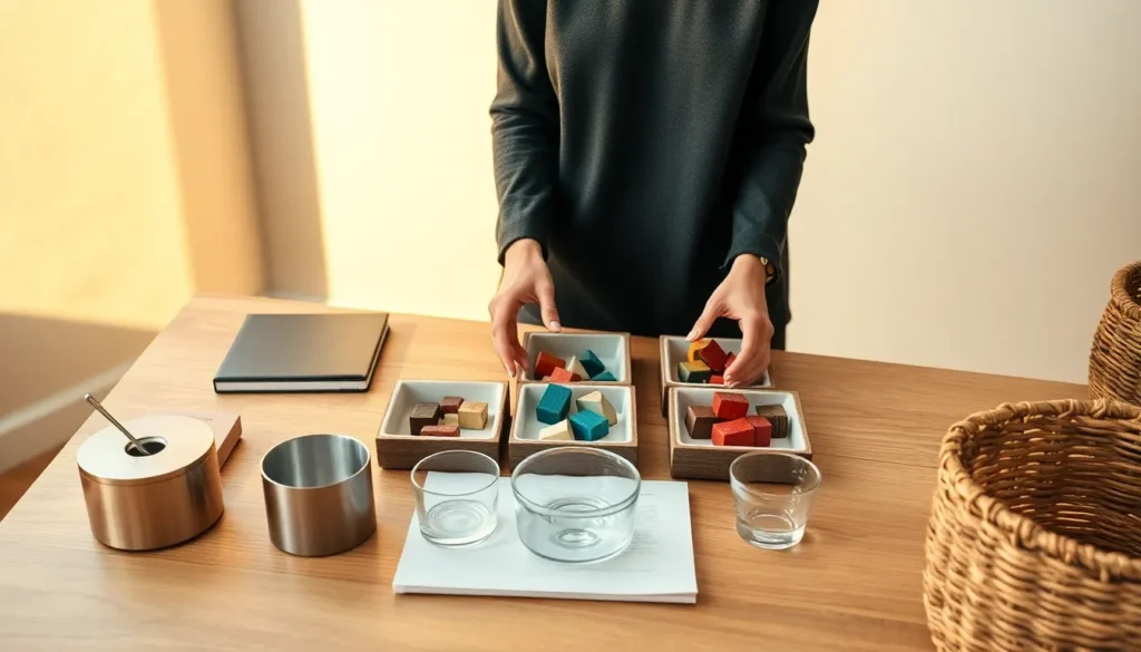 Mesa de escritório com objetos separados em recipientes, representando proteção e redução de exposição de dados.