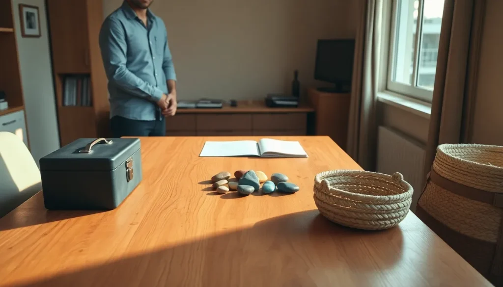 Gestor organiza grupos de objetos em uma mesa de escritório, representando decisões cuidadosas sobre dados.