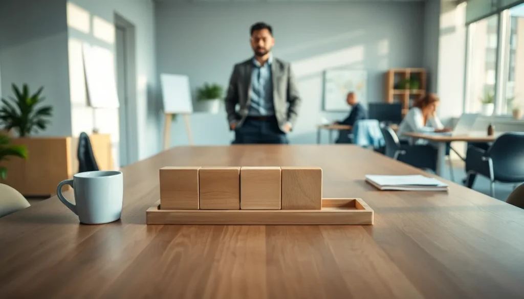 Gestora organiza três blocos de madeira em sequência sobre uma mesa, simbolizando diferentes momentos de uma lei.